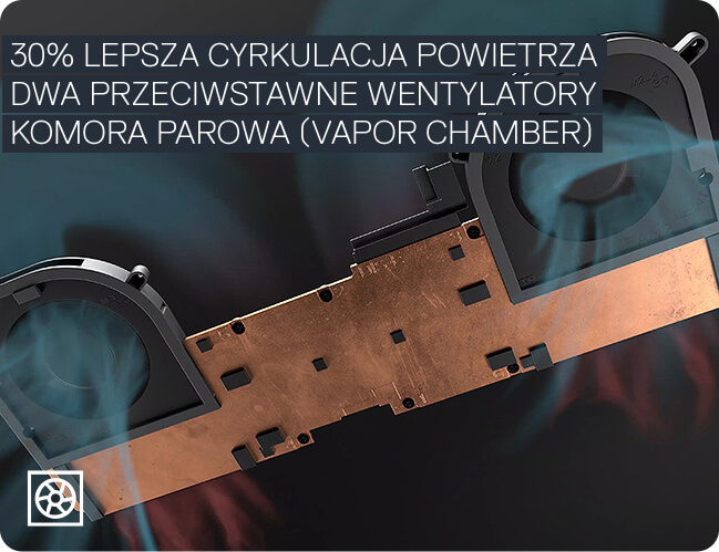 30% LEPSZA CYRKULACJA POWIETRZA
          DWA PRZECIWSTAWNE WENTYLATORY
          KOMORA PAROWA (VAPOR CHAMBER)