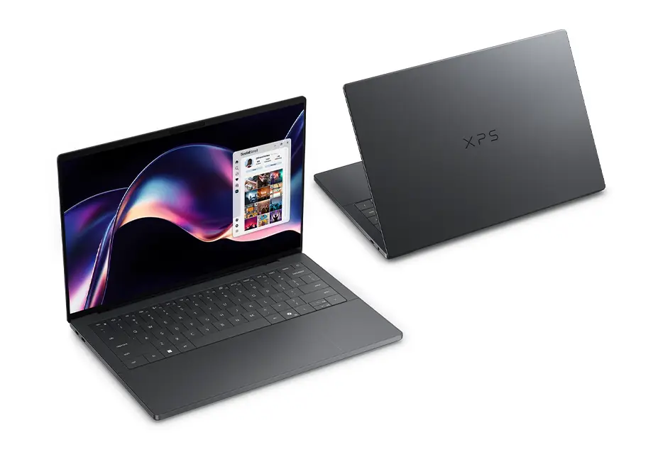 Dwa laptopy Dell XPS 14 - jeden otwarty, drugi pokazujący spód aluminiowej obudowy