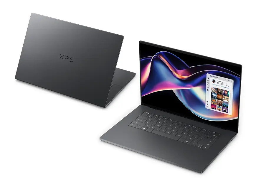 Dwa laptopy Dell XPS 16 - jeden otwarty, drugi pokazujący spód obudowy