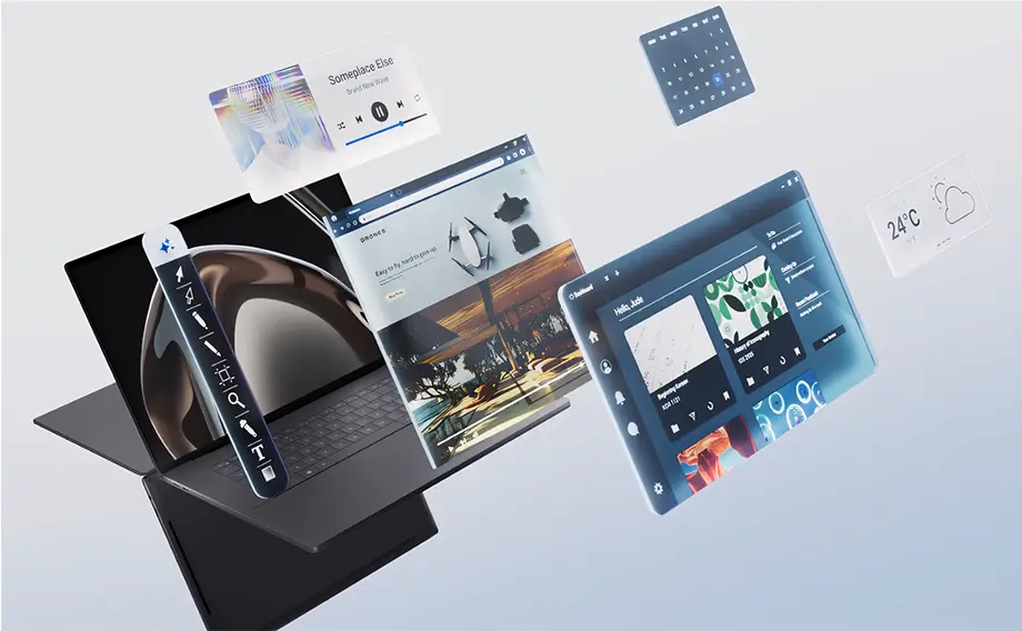 Laptop Dell XPS 16 otoczony unoszącymi się interfejsami cyfrowymi