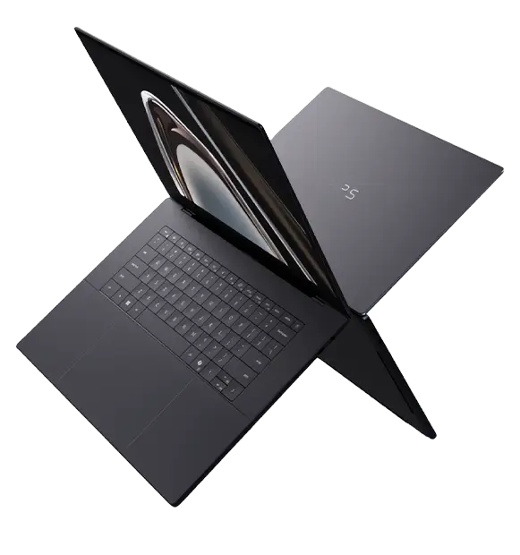 Dwa laptopy Dell XPS 16 w unoszącej się kompozycji
