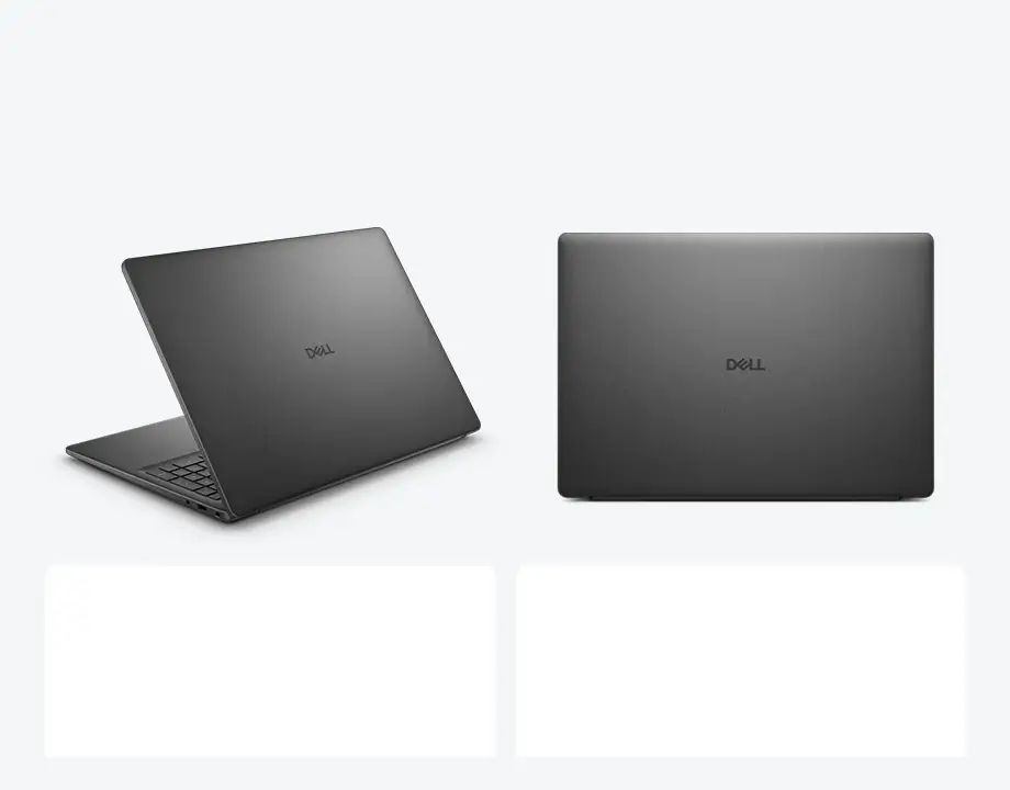 Dwa laptopy Dell 16 prezentujące trwałość obudowy i lekki profil do przenoszenia