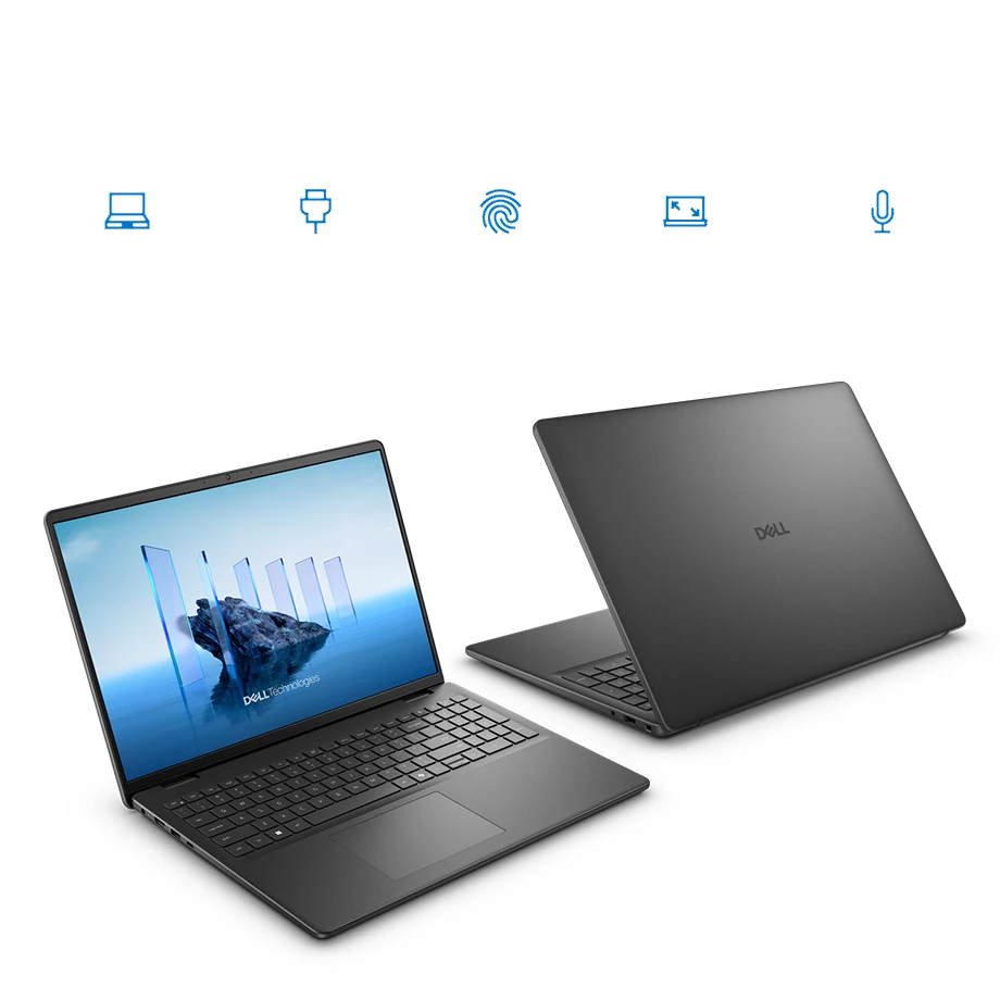 Grafika prezentująca dwa laptopy Dell 16 pod różnymi kątami